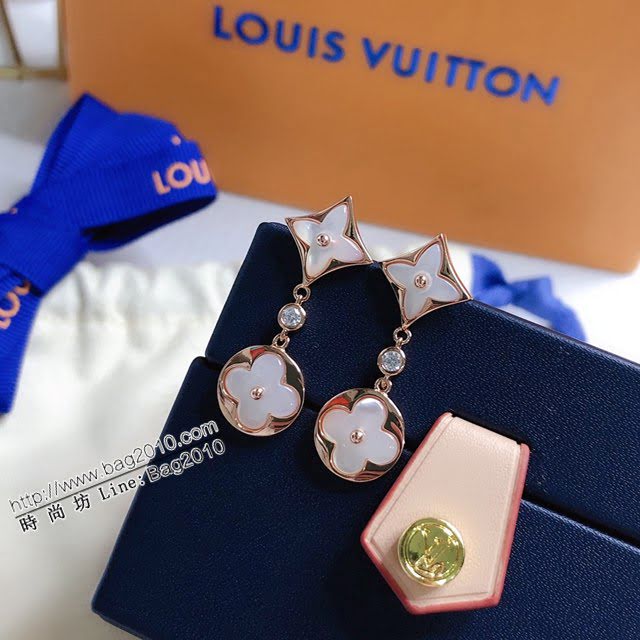 Louis Vuitton純銀飾品 路易威登天然白母貝耳環 LV雙花單鑽925純銀耳釘  zglv2039